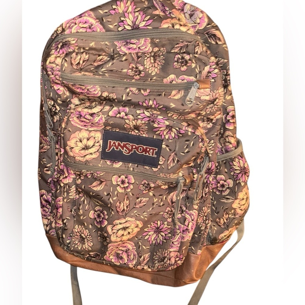 Jansport cool studen boho flowers floral leather bottom bookbag backpack